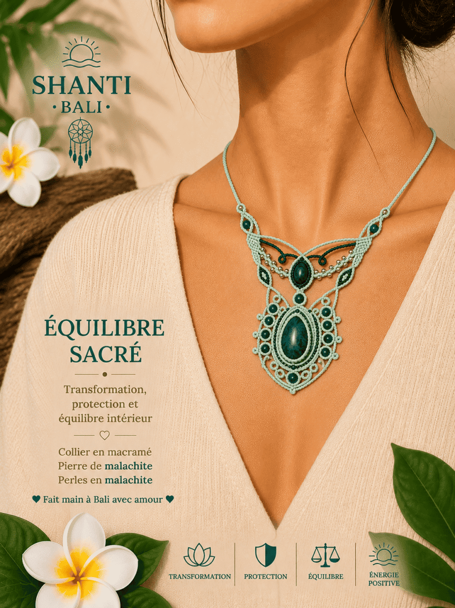 Collier macramé malachite Equilibre Sacré fait main à Bali — Shanti Macramé Bali