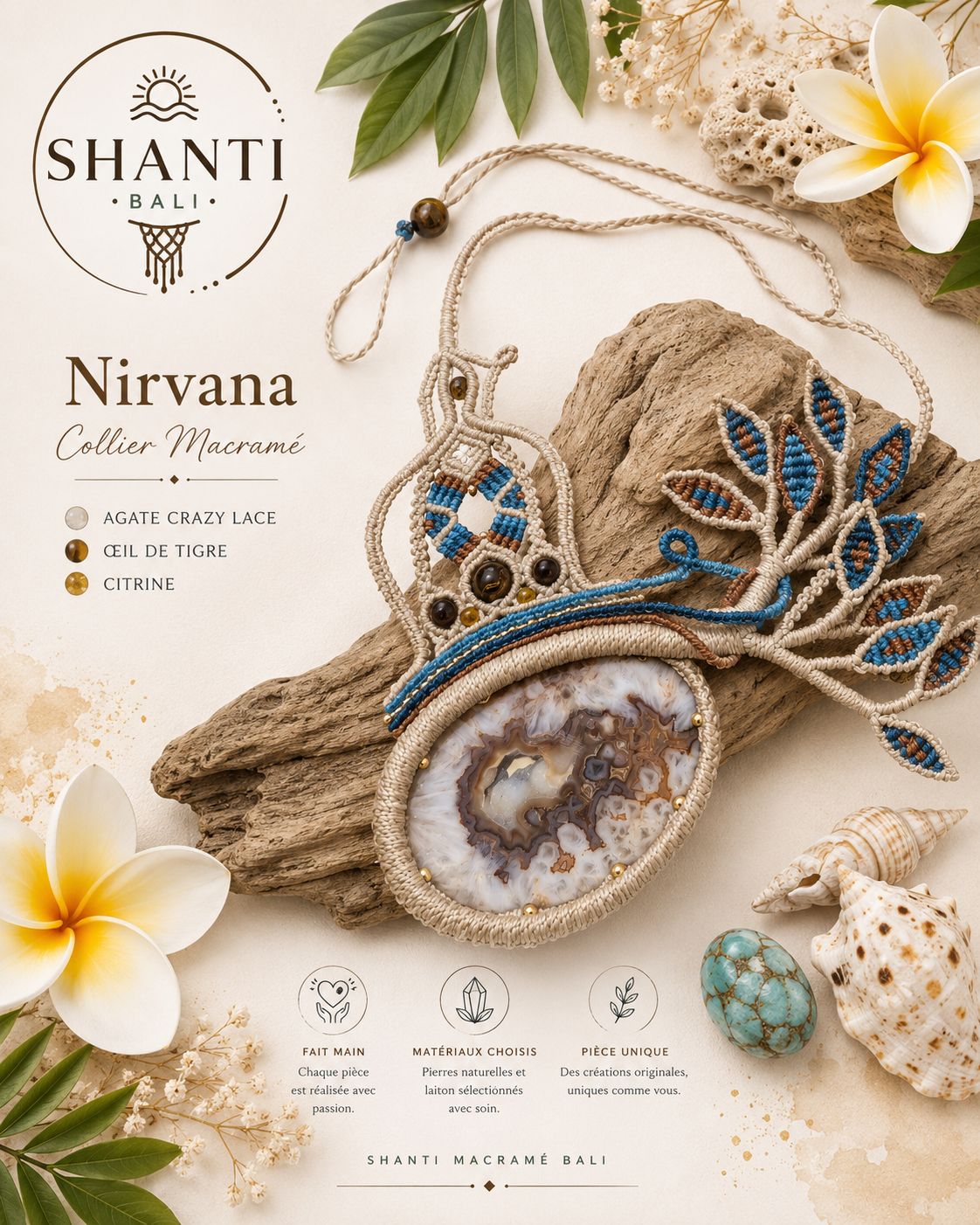 collier macramé nirvana agate crazy lace oeil de tigre citrine feuilles fait main Bali