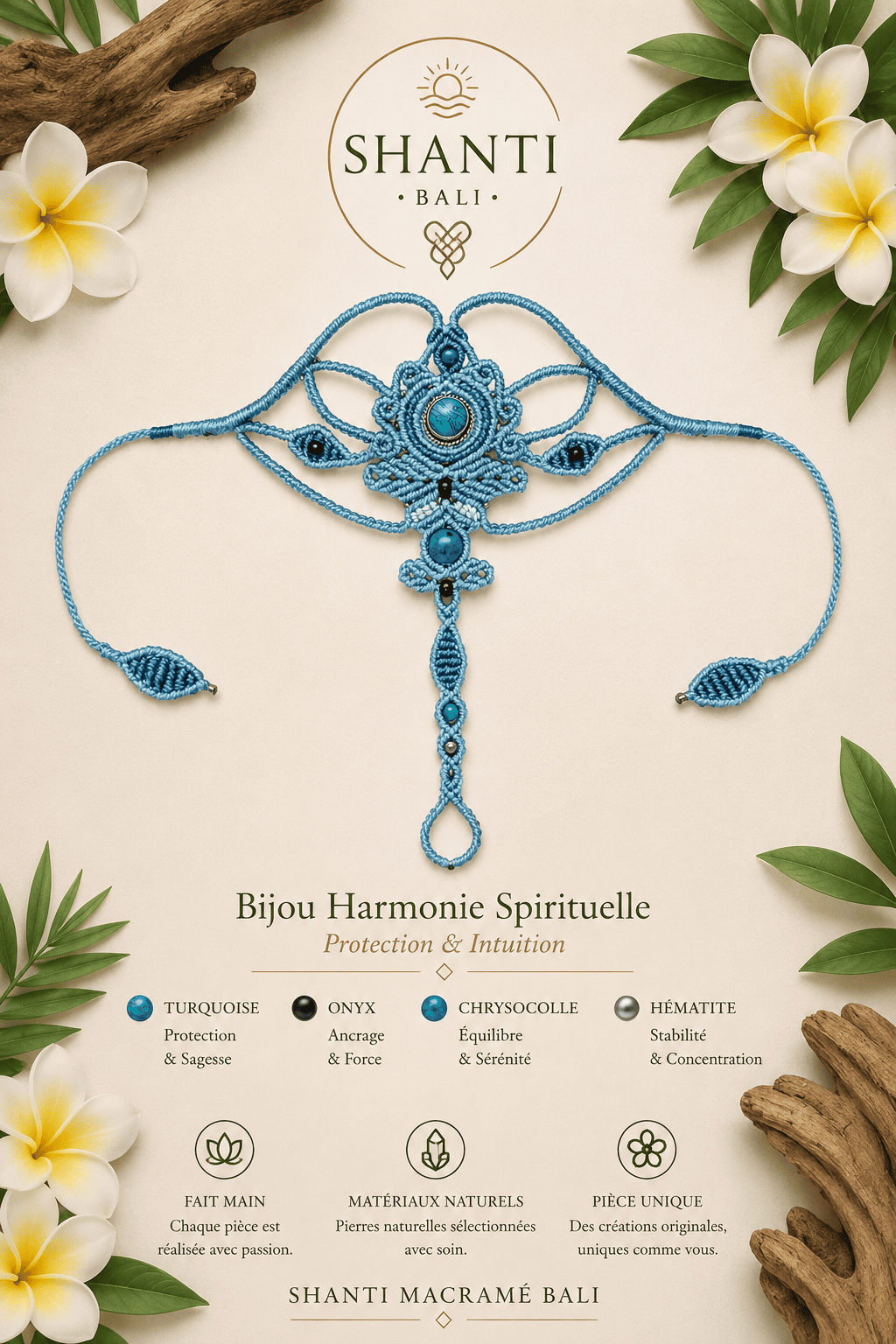 bijou de main macramé bleu turquoise onyx chrysocolla fait main Bali