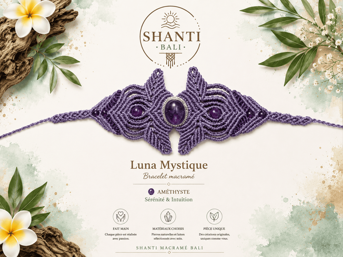 bracelet macramé violet améthyste luna mystique fait main Bali
