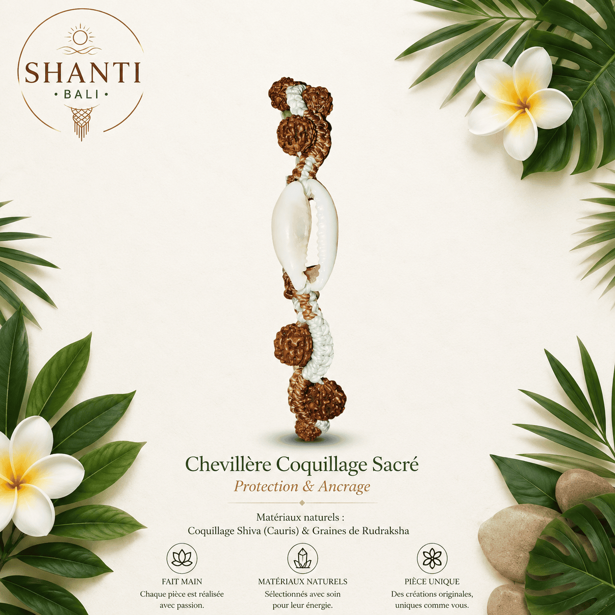 chevillère macramé coquillage cauris rudraksha protection ancrage fait main Bali