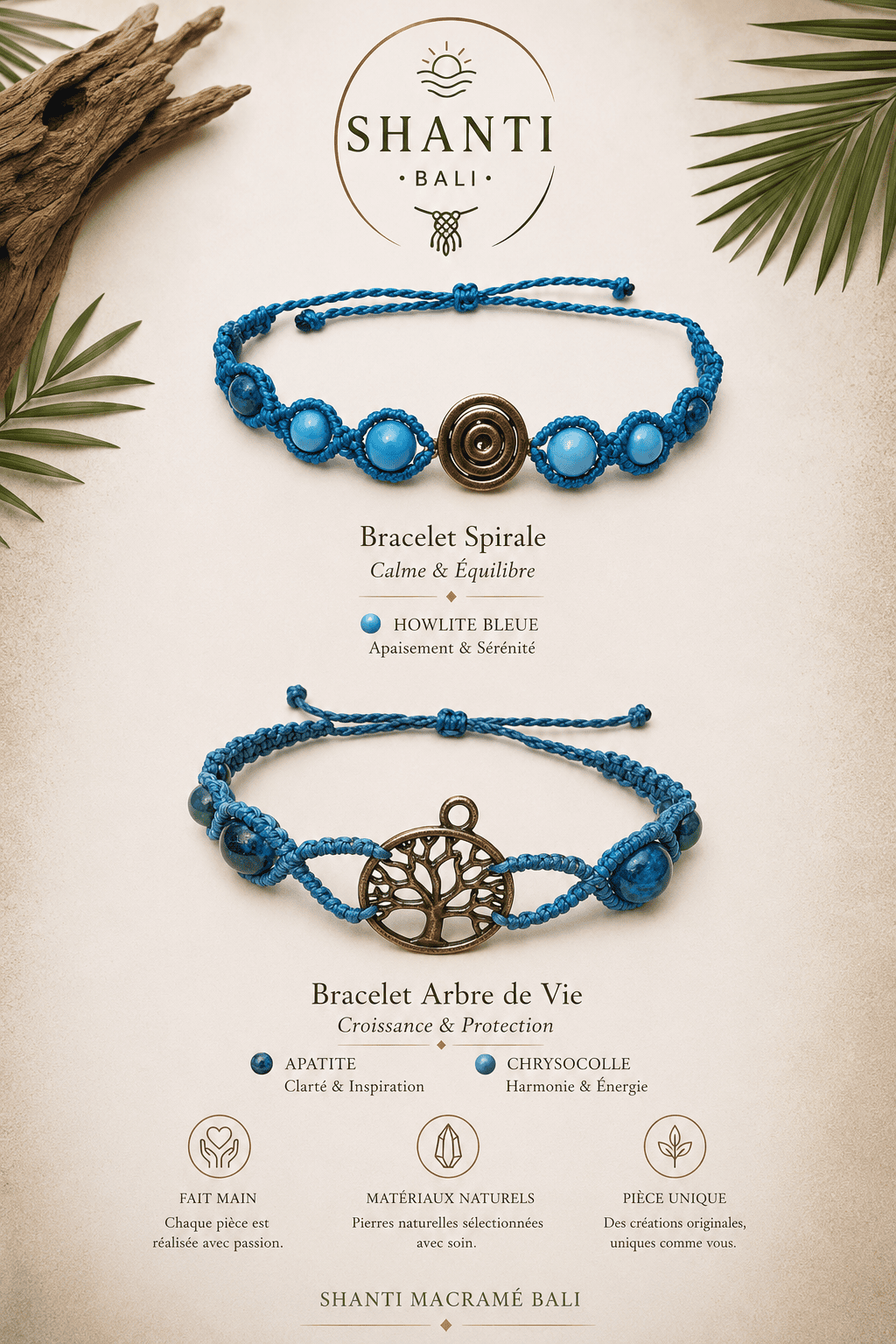 bracelet macramé bleu howlite spirale arbre de vie apatite chrysocolla fait main Bali