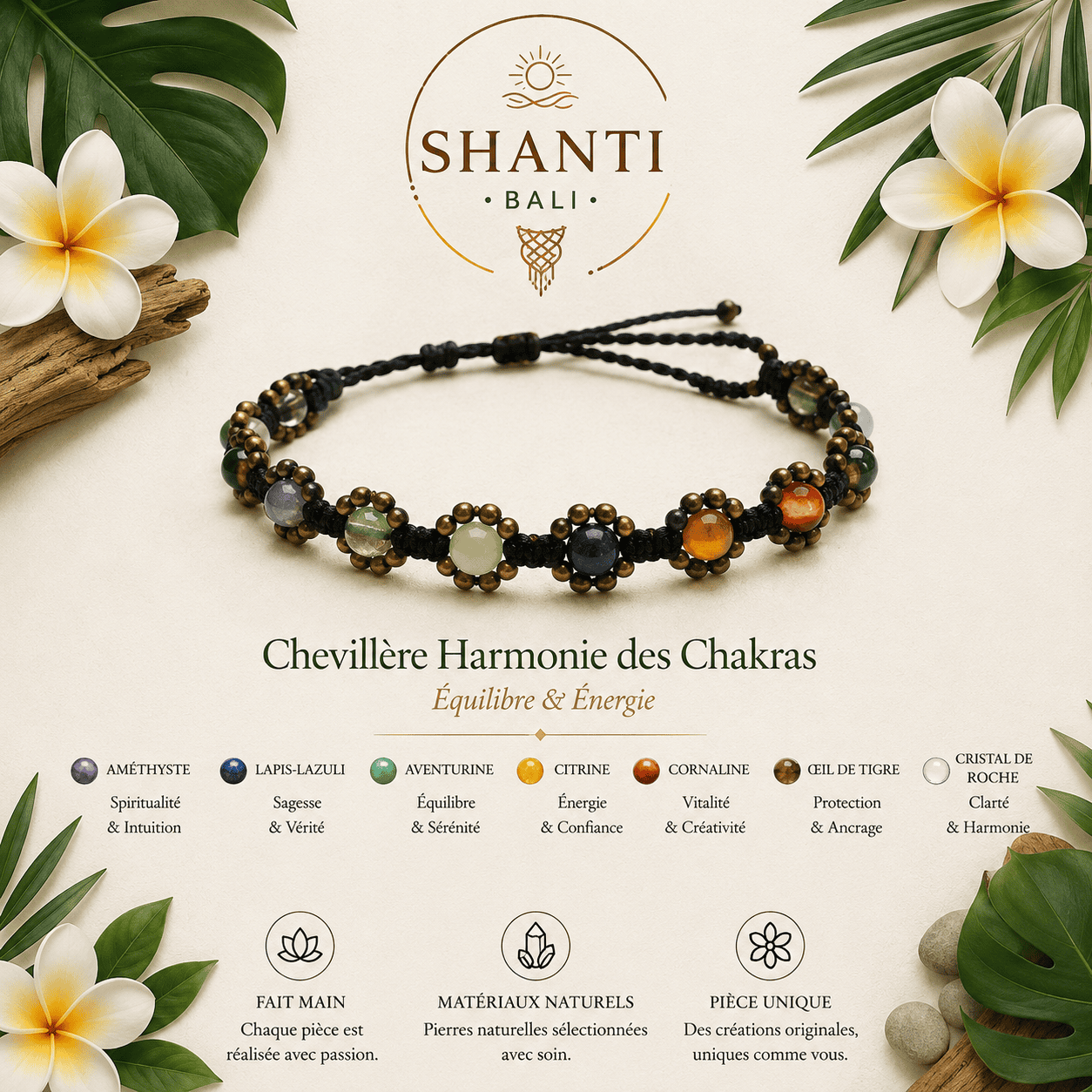 chevillère macramé 7 chakras améthyste lapis lazuli aventurine citrine cornaline fait main Bali