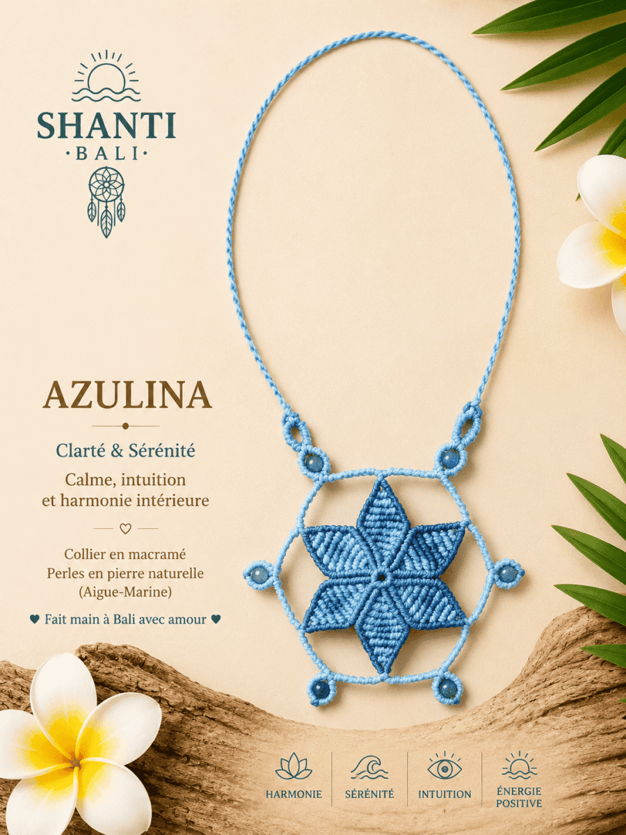 collier macramé AZULINA étoile aigue-marine fait main Bali