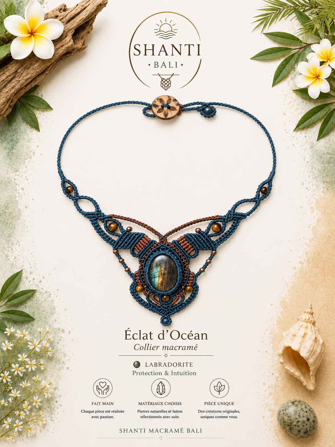 collier macramé bleu labradorite éclat océan protection intuition fait main Bali