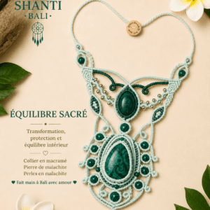 collier macramé équilibre sacré malachite fait main Bali pièce unique