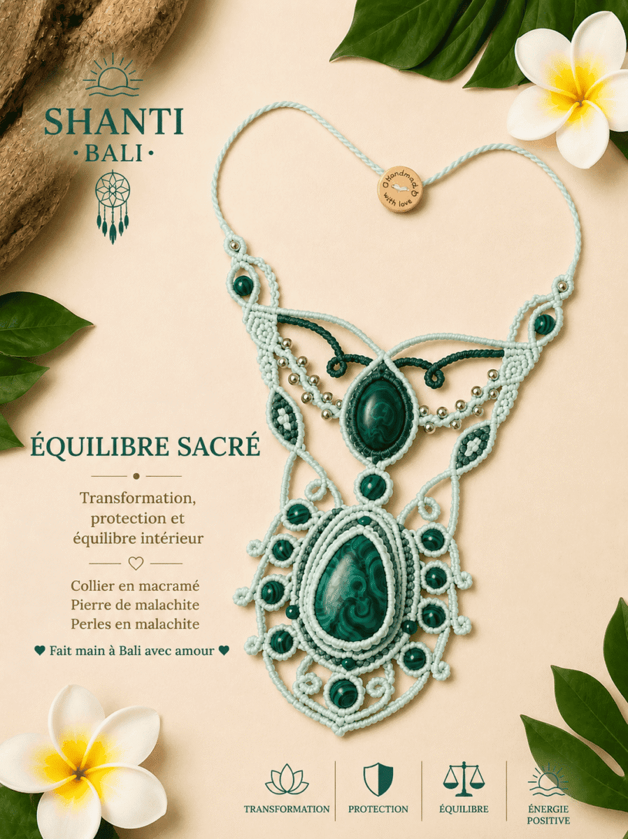 collier macramé équilibre sacré malachite fait main Bali pièce unique