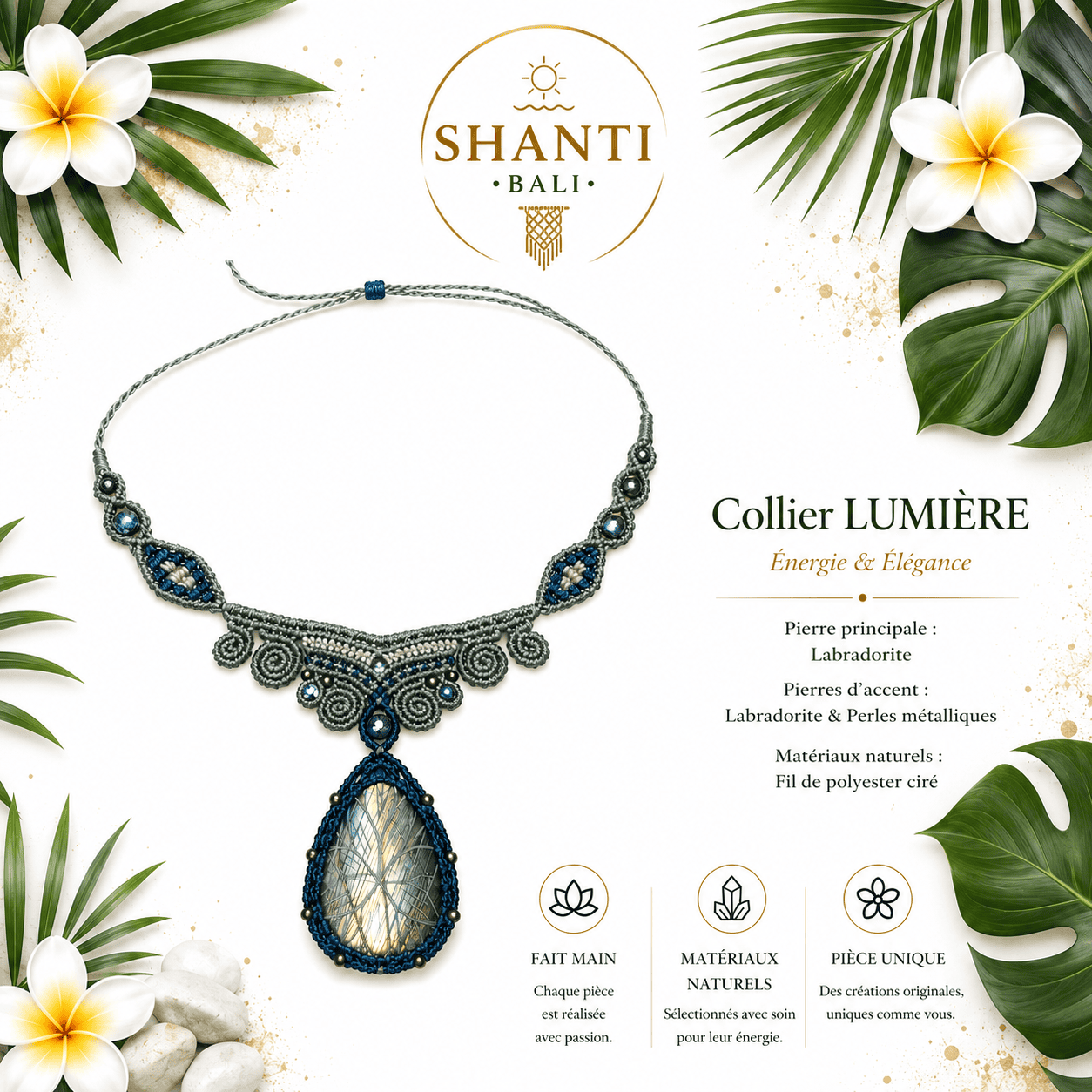 collier macramé gris bleu labradorite goutte lumière énergie élégance fait main Bali