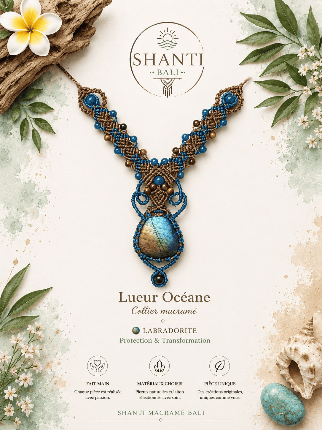 collier macramé brun bleu labradorite apatite protection transformation fait main Bali