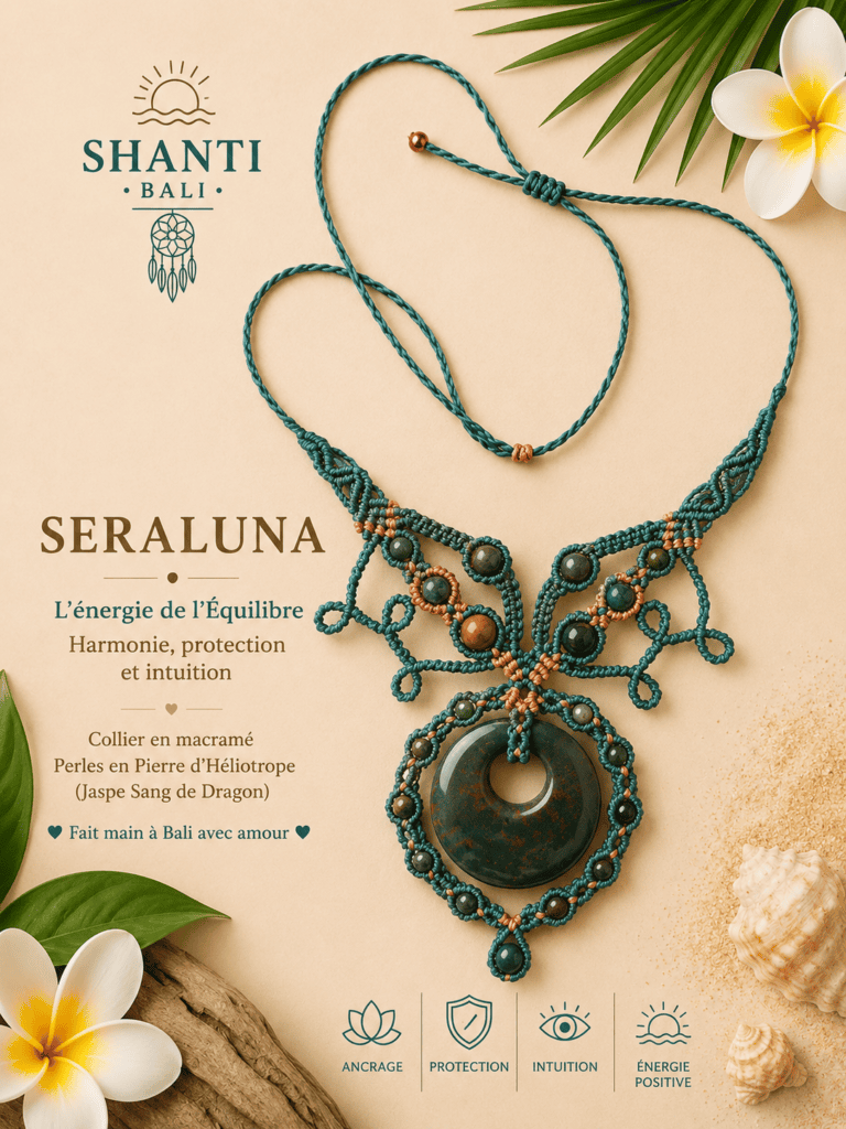 collier macramé SERALUNA héliotrope jaspe sang dragon fait main Bali