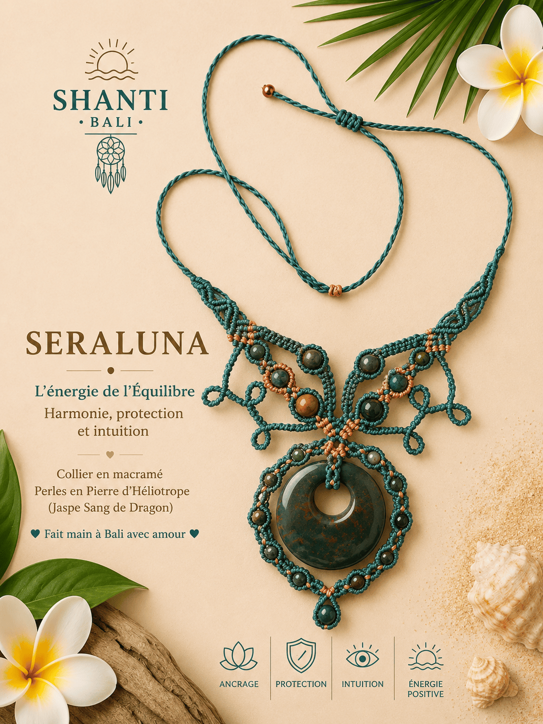 collier macramé SERALUNA héliotrope jaspe sang dragon fait main Bali