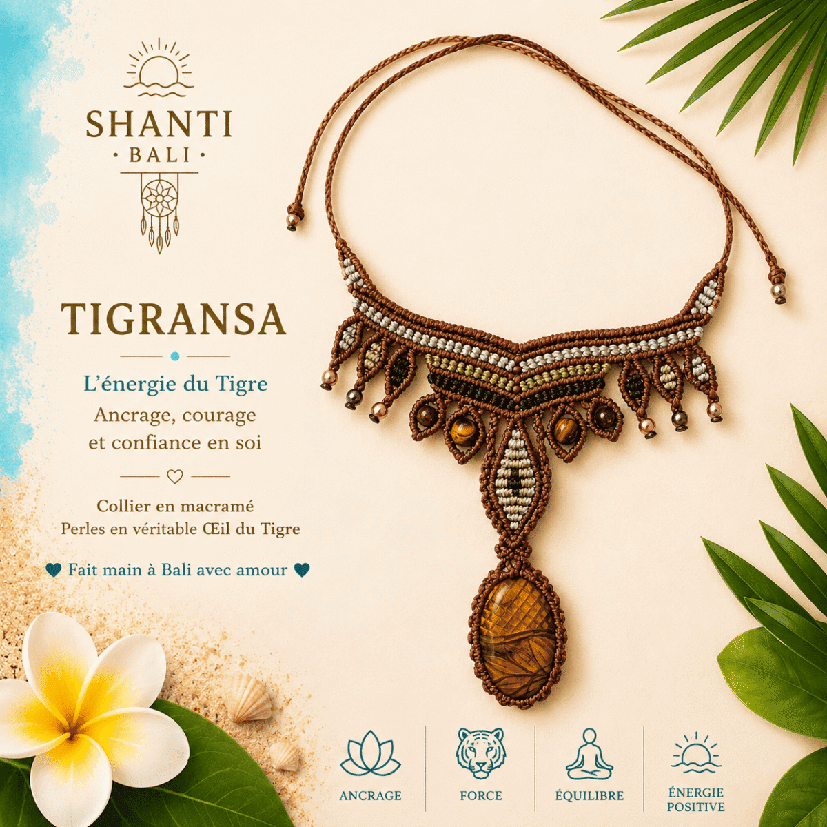 collier macramé plastron TIGRANSA oeil du tigre tribal fait main Bali