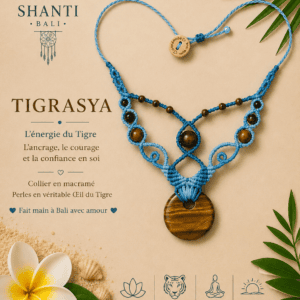 collier macramé TIGRASYA oeil du tigre fait main Bali lithothérapie