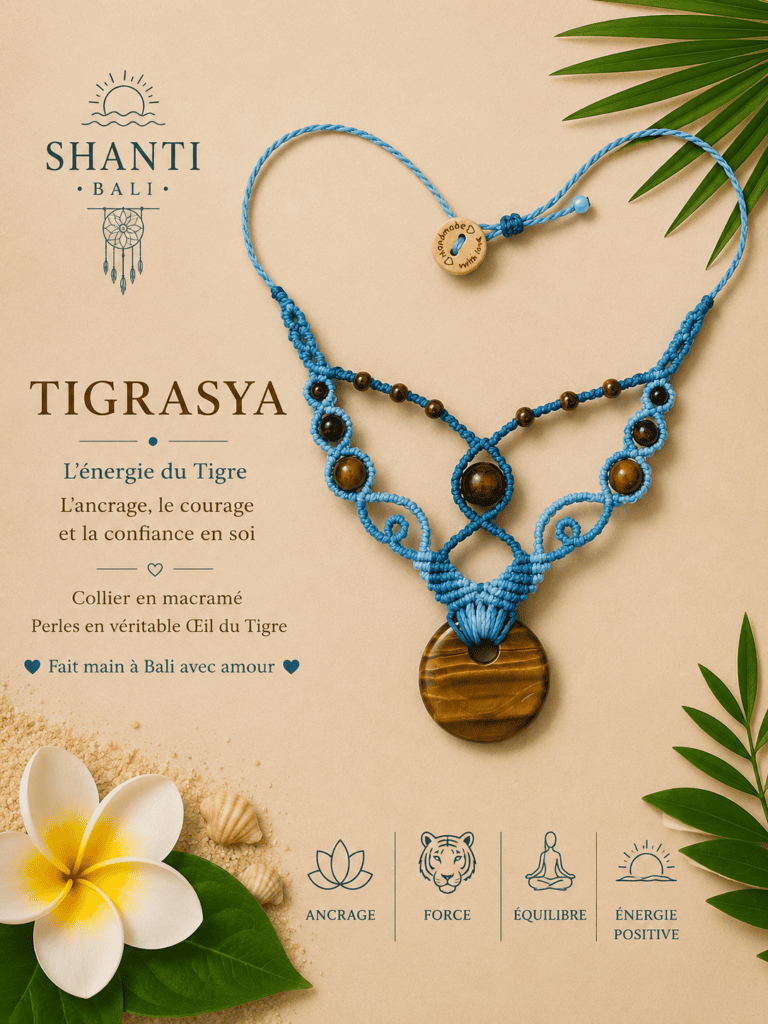 collier macramé TIGRASYA oeil du tigre fait main Bali lithothérapie