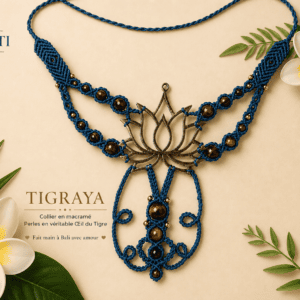 collier macramé TIGRAYA lotus doré oeil du tigre fait main Bali