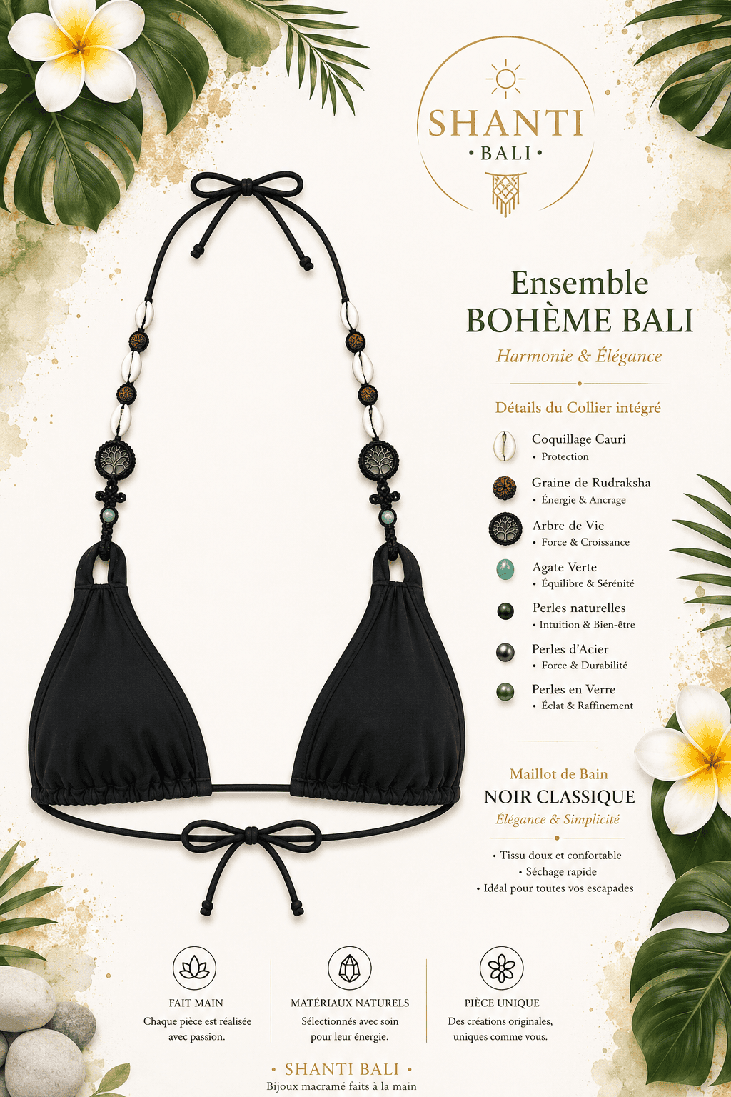 ensemble bohème bali bikini noir collier macramé coquillage cauri rudraksha arbre de vie fait main Bali