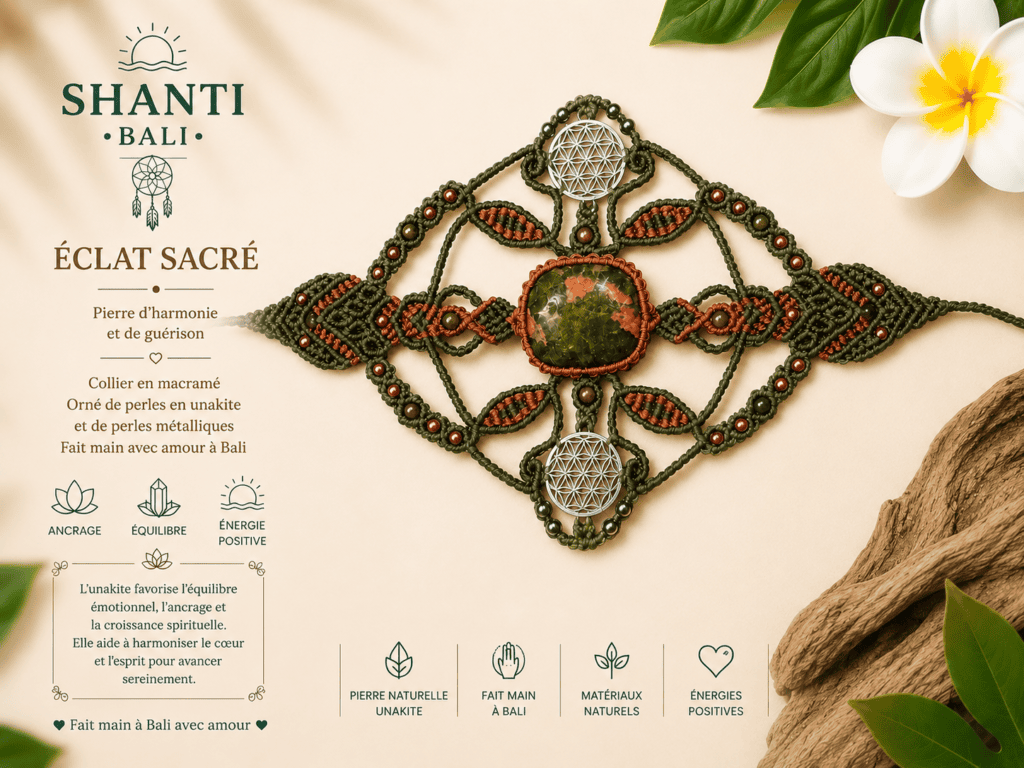 manchette macramé ECLAT SACRÉ unakite fleur de vie fait main Bali