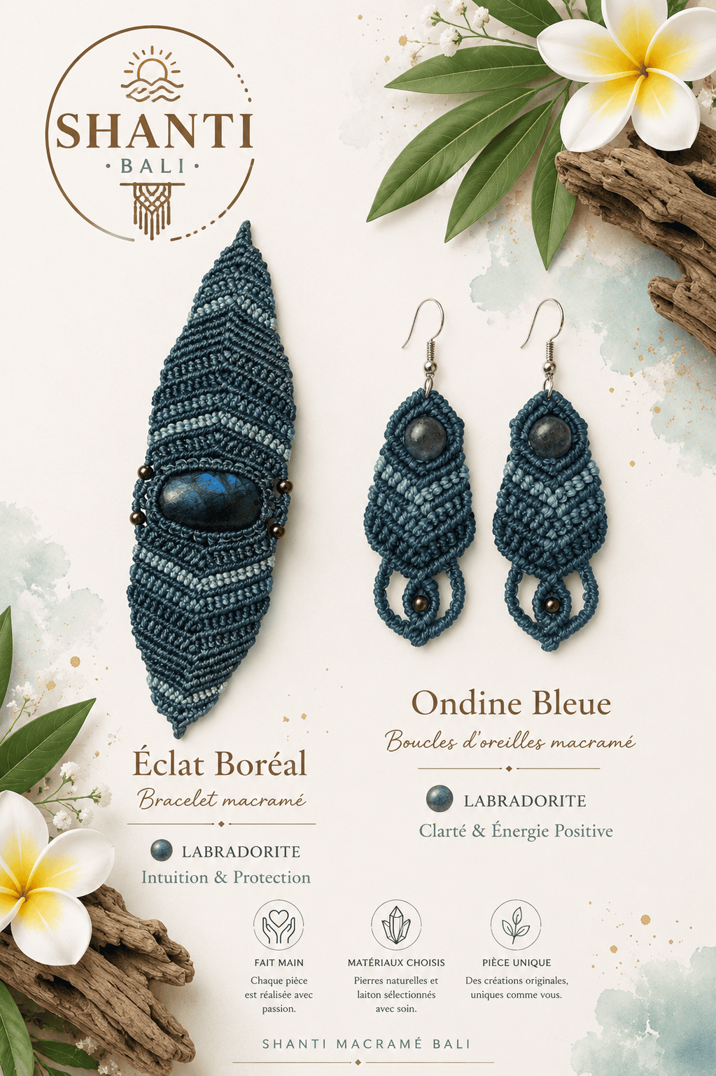 bracelet feuille macramé bleu labradorite éclat boréal boucles ondine bleue fait main Bali