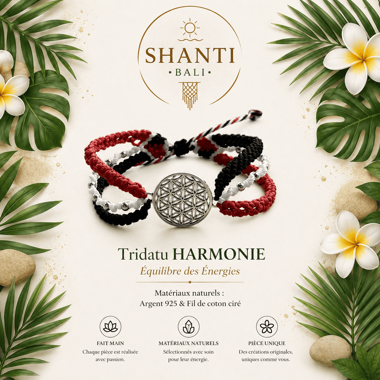 bracelet tridatu macramé rouge noir blanc fleur de vie argent 925 équilibre énergies fait main Bali