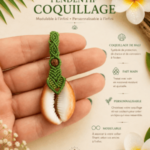 pendentif coquillage cauris macramé fil vert glacé fait main Bali