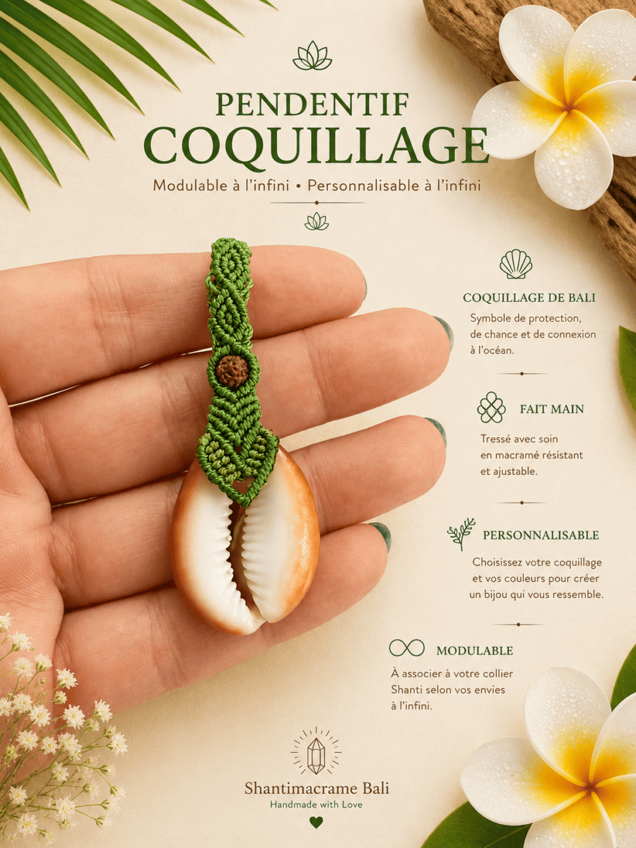 pendentif coquillage cauris macramé fil vert glacé fait main Bali