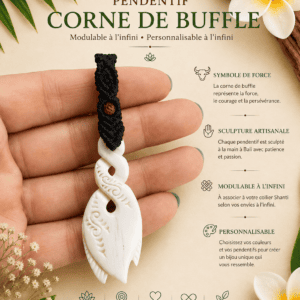 pendentif corne de buffle sculpté macramé fil noir fait main Bali