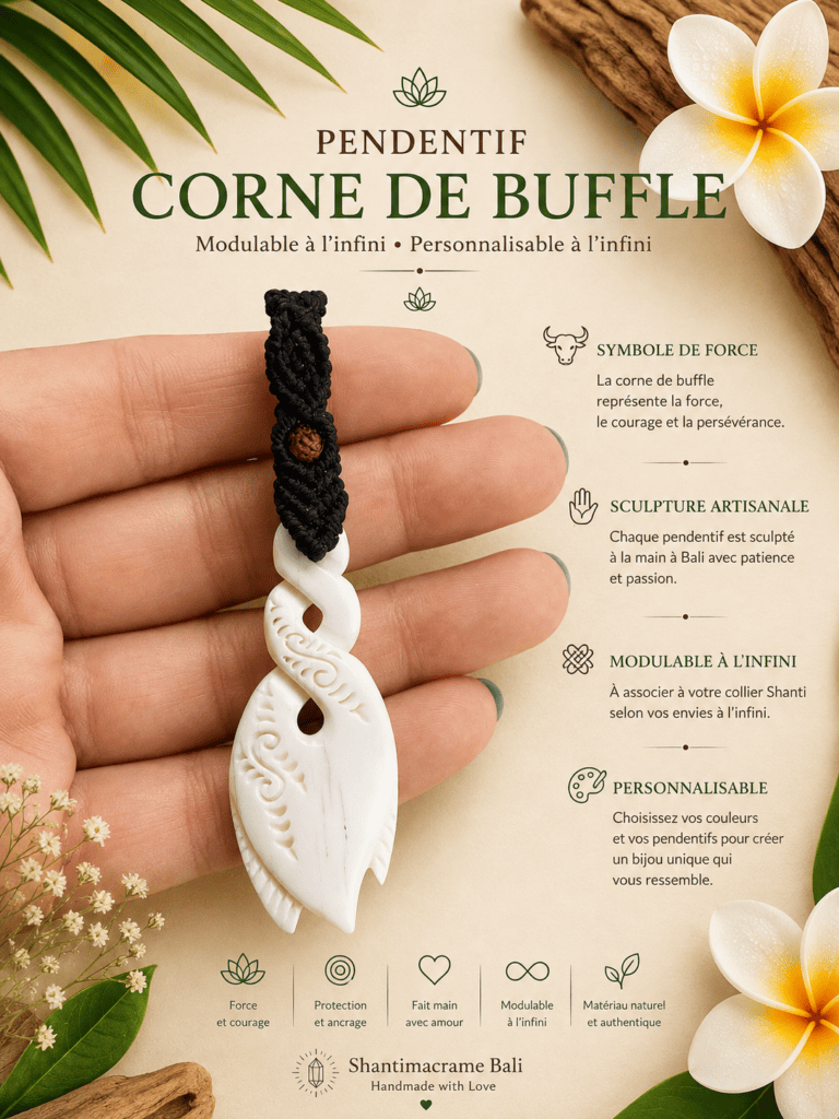 pendentif corne de buffle sculpté macramé fil noir fait main Bali