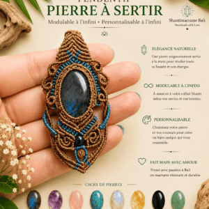 pendentif labradorite bleue sertie macramé pierre naturelle fait main Bali