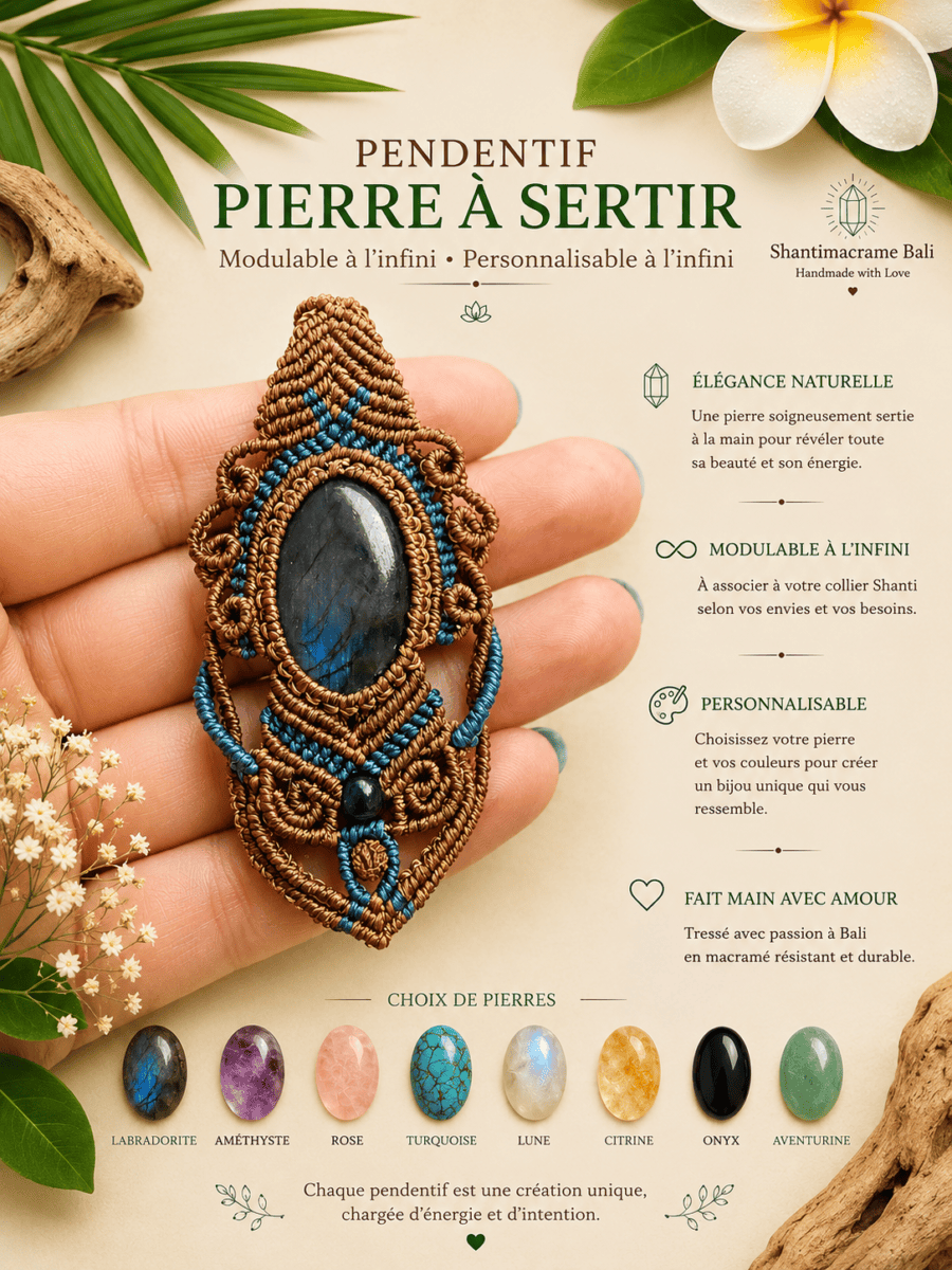 pendentif labradorite bleue sertie macramé pierre naturelle fait main Bali