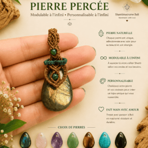 pendentif labradorite dorée percée macramé fil marron bleu canard fait main Bali