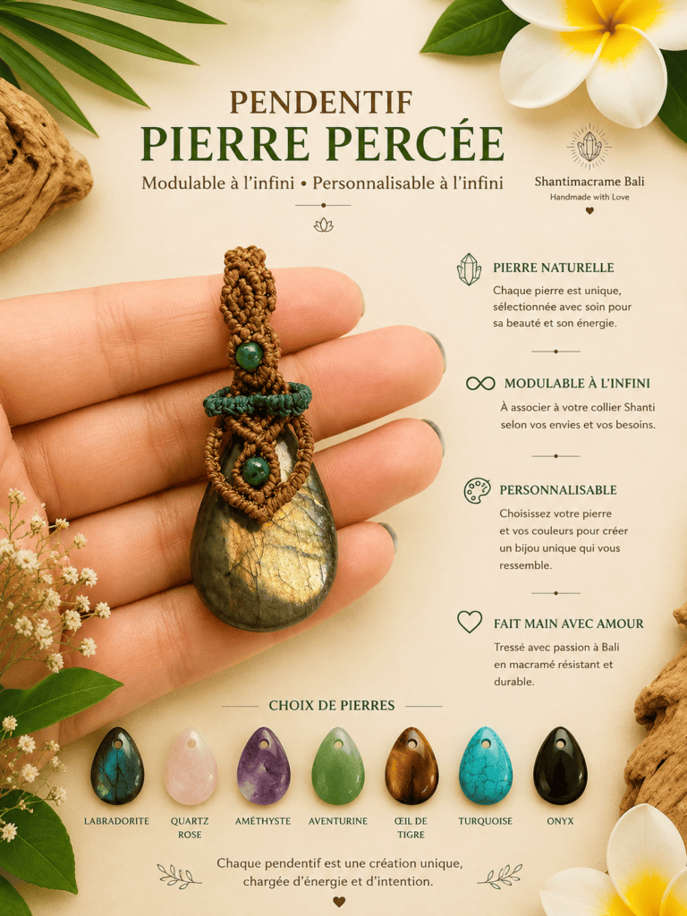 pendentif labradorite dorée percée macramé fil marron bleu canard fait main Bali