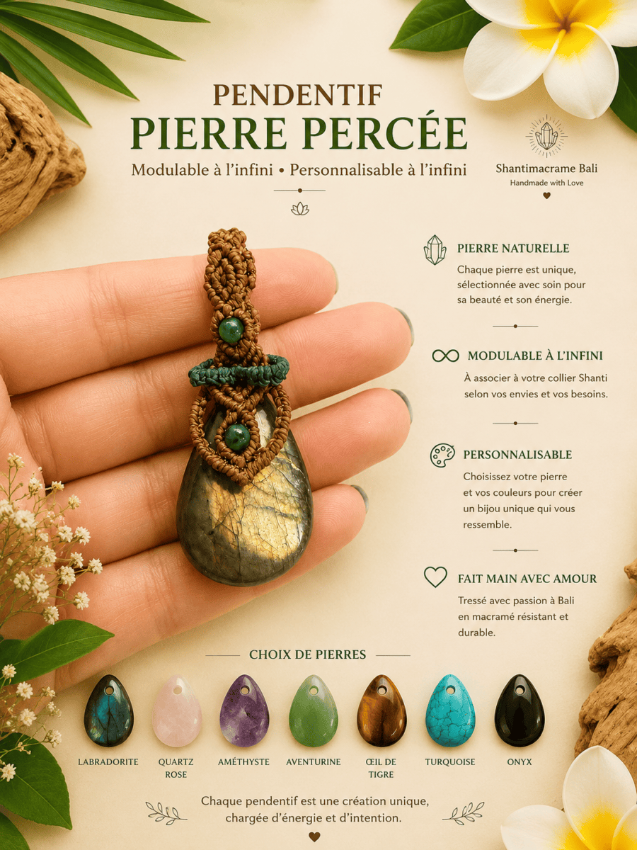 pendentif labradorite dorée percée macramé fil marron bleu canard fait main Bali