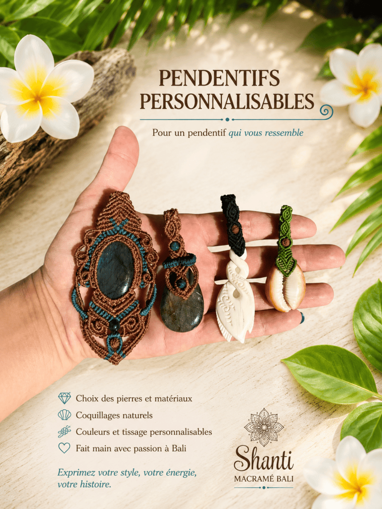 pendentif Shanti macramé pierre naturelle sur mesure fait main Bali